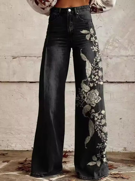 ECSLISSI | Pantalones Negros Florales Chic Vintage.